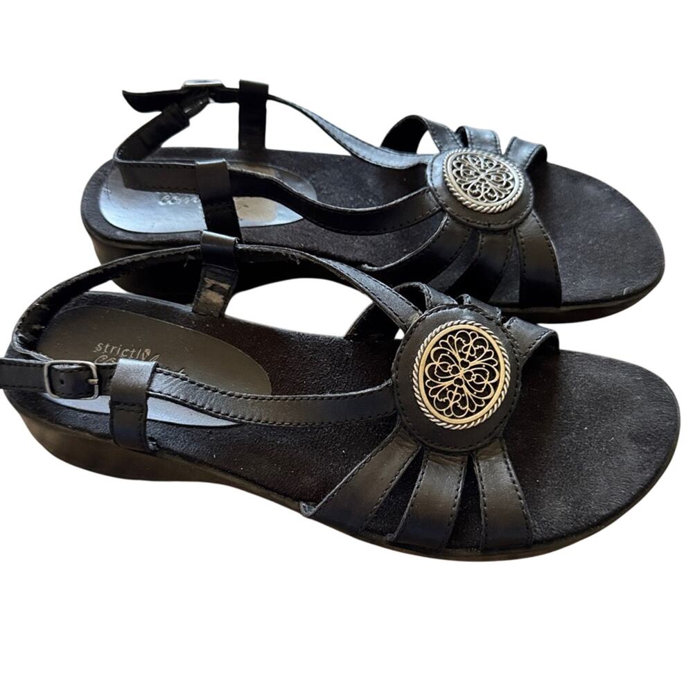 Strictly Comfort Black Leather Strappy Sandals Women 7.5 Low Wedge Shoes Comfort